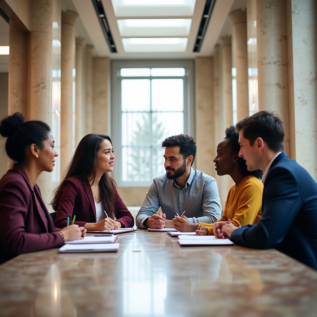 Diverse group of early-career professionals collaborating around a table in a modern workspace