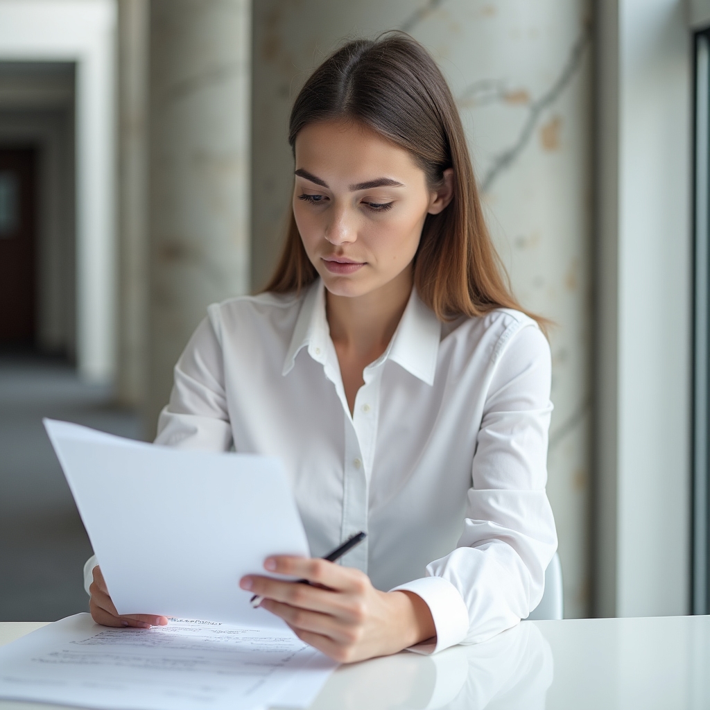 Young professional reviewing documents at a desk with focused concentration