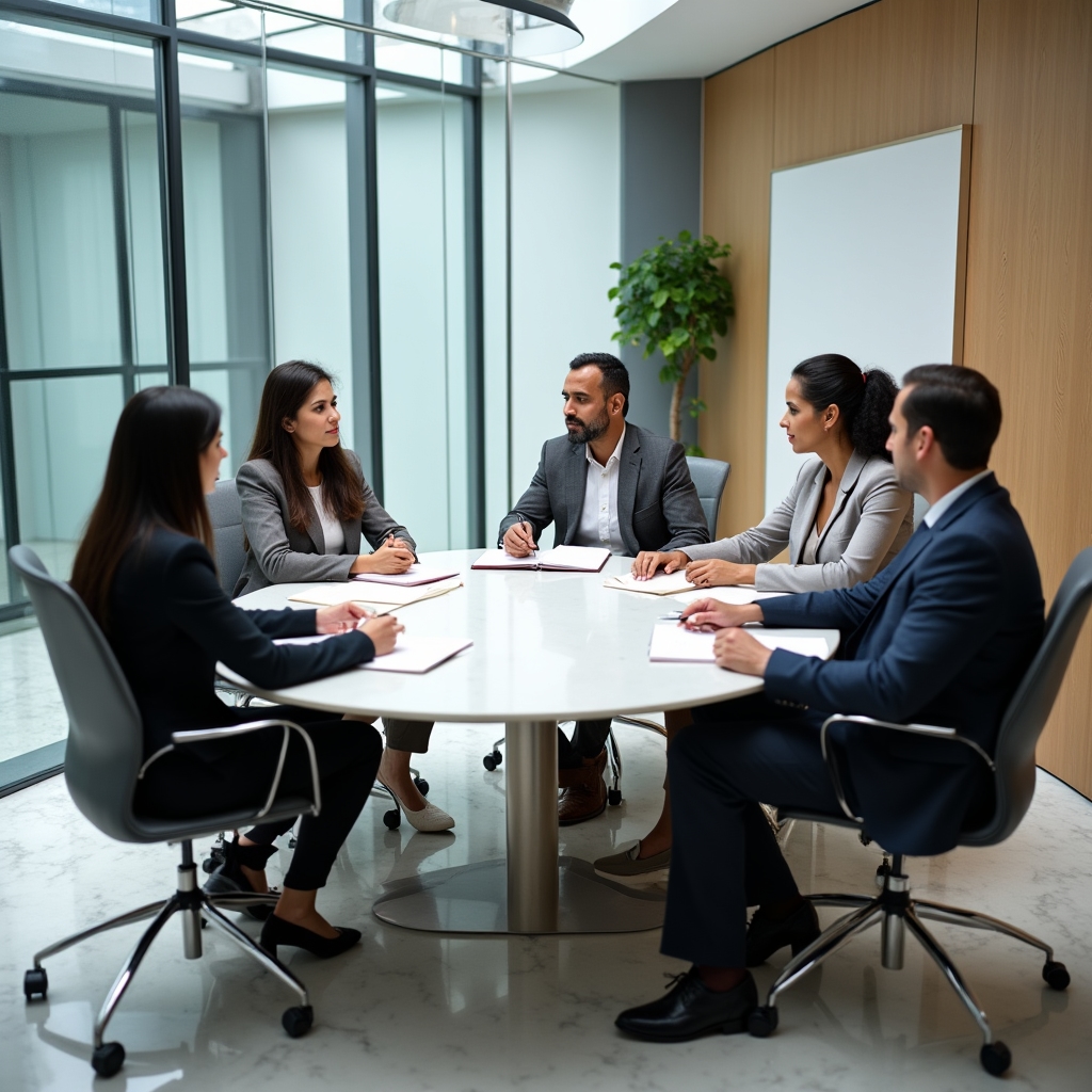 Group of experienced mentors in a collaborative discussion, seated around a modern conference table