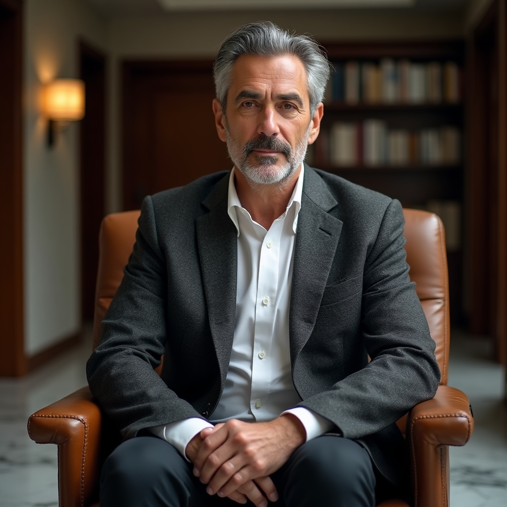 Experienced mentor in a thoughtful pose, seated in a well-lit professional office environment