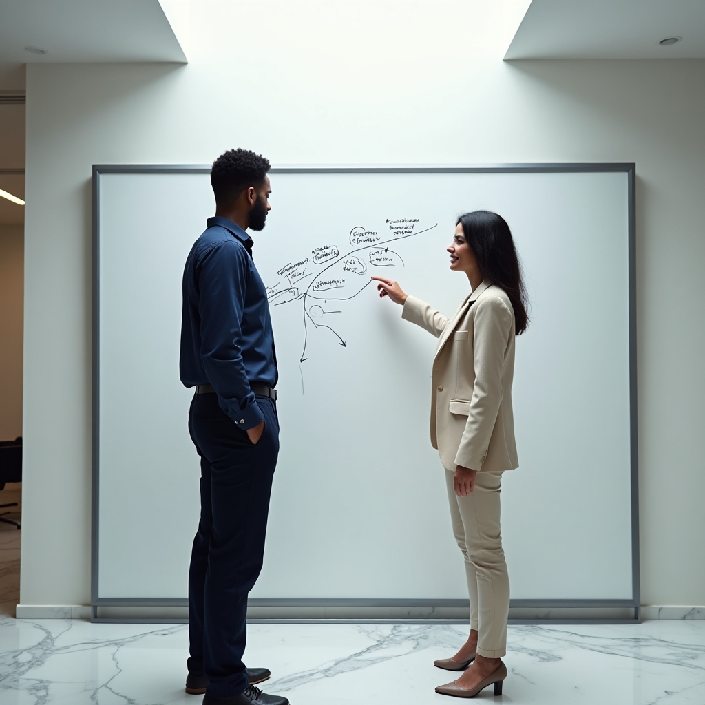 Mentor and mentee working together at a whiteboard, mapping out a career strategy
