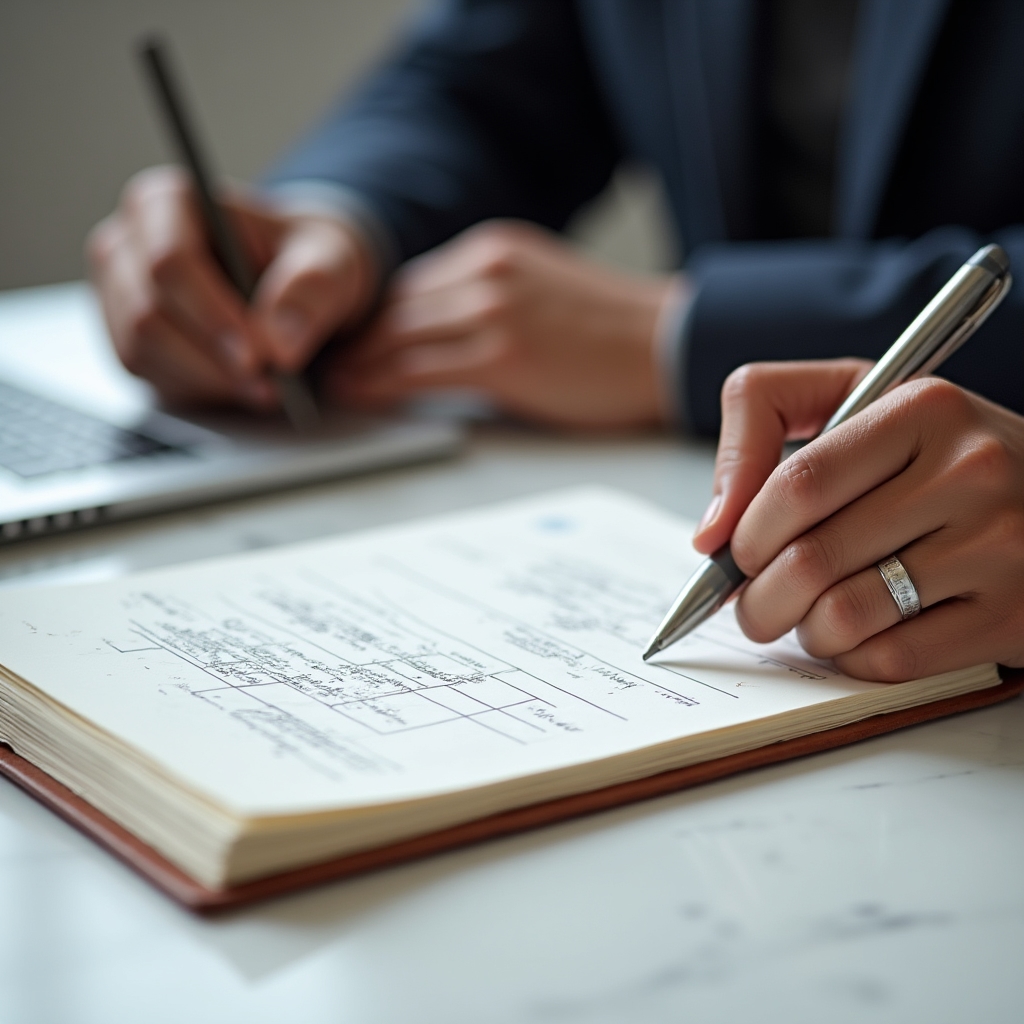Close-up of a professional taking detailed session notes in a modern notebook during a mentoring meeting
